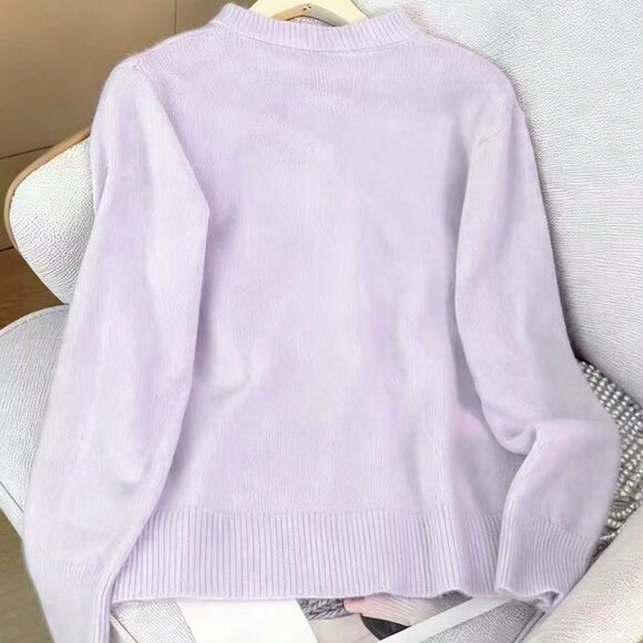 Mauve Purple Women's Casual Knit Cardigan with Cherry Embroidery & Pearl Decor - Picture 2 of 5